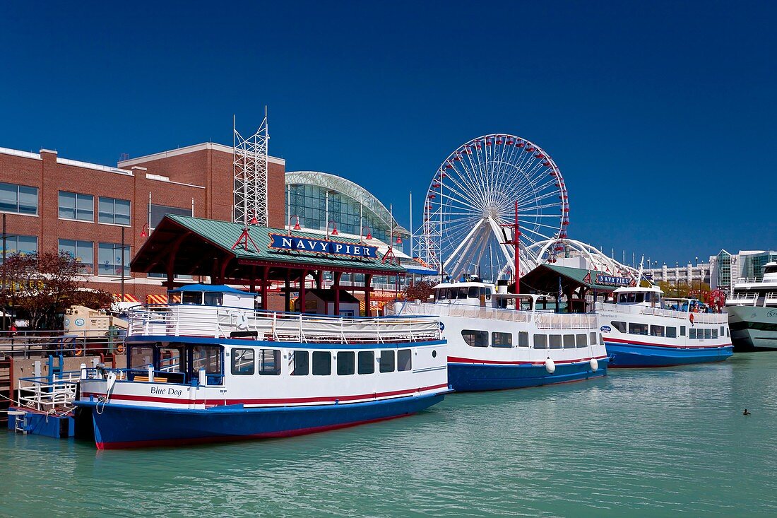 Tour boats at the Navy Pier in Chicago, Illinois, USA