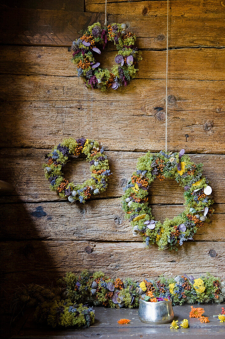 Dried flowers made into a wreath, decoration, Handmade, Bavaria, Germany