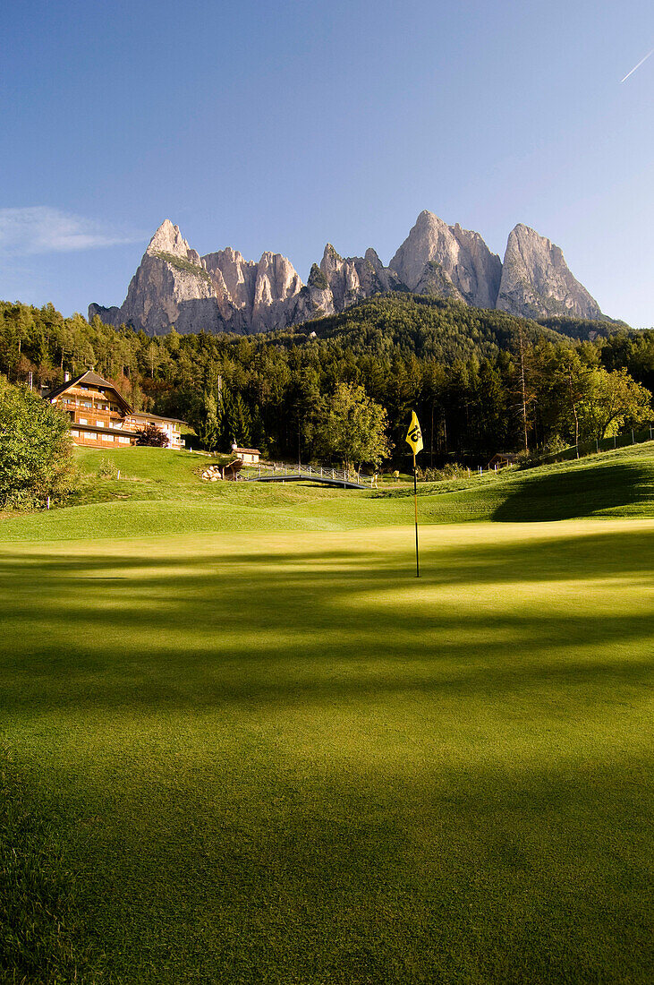 Golf course, Kastelruth Golf club, with Seiser Alm in the background, Dolomites, South Tyrol, Italy