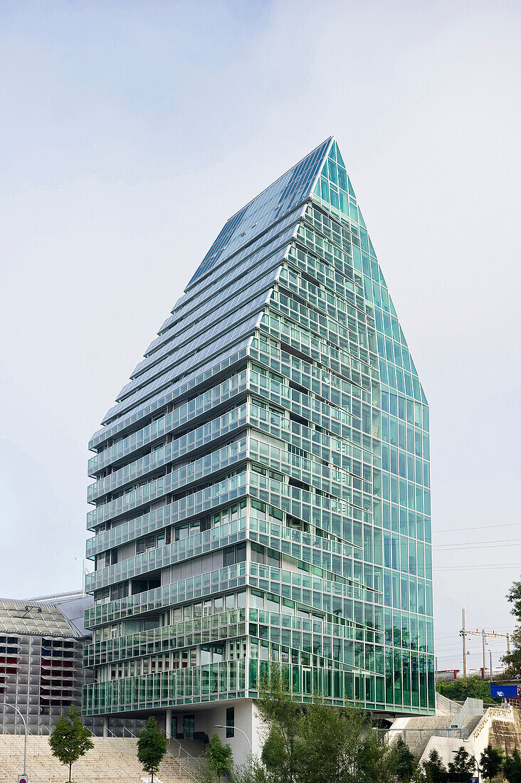 St. Jakob Tower under clouded sky, Basel, Switzerland, Europe