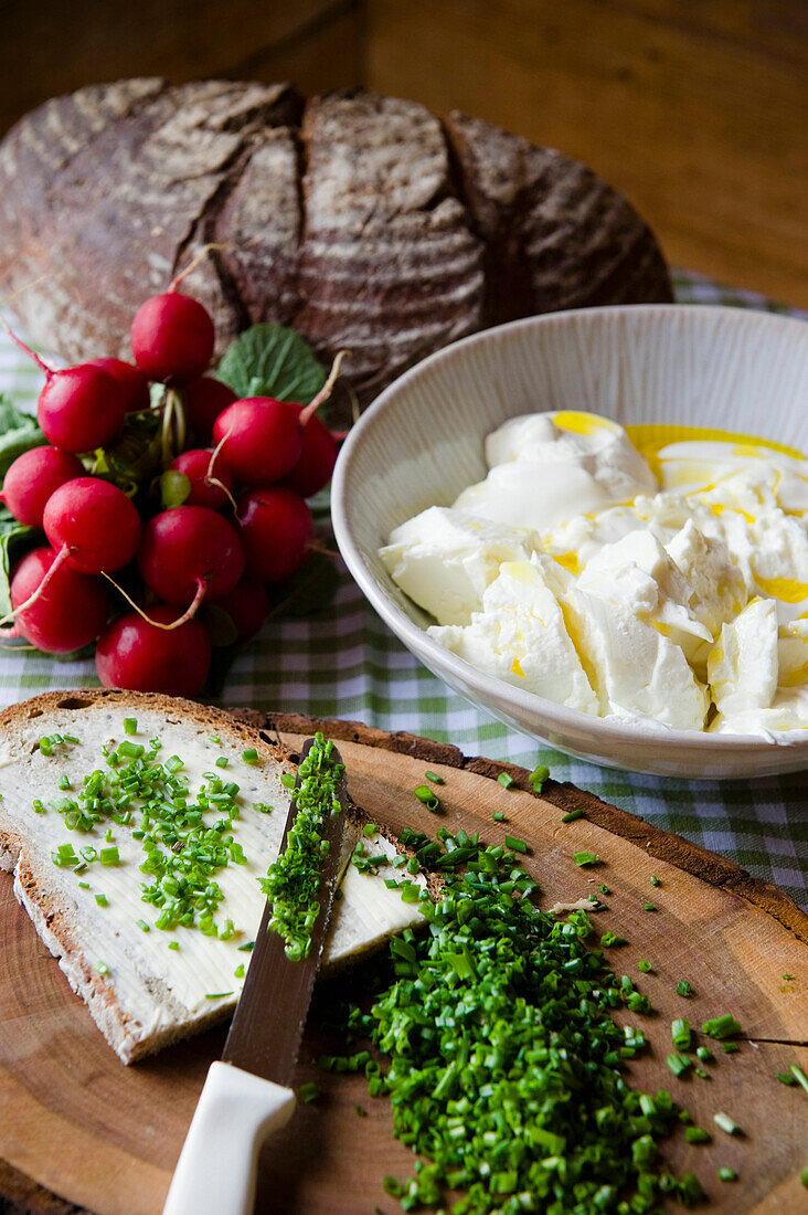 Slice of bread with cream cheese and chives, Open sandwich, homemade, Bavaria, Germany