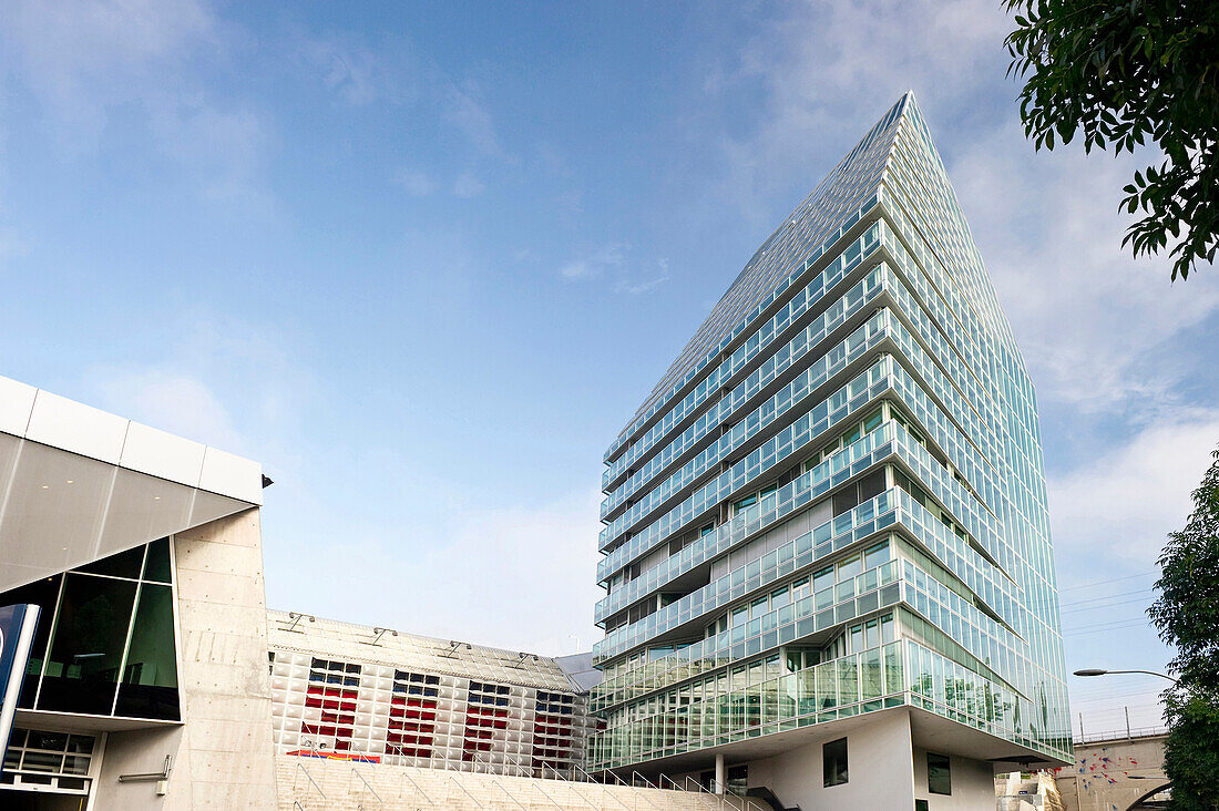 St. Jakob Tower under clouded sky,  Basel, Switzerland, Europe