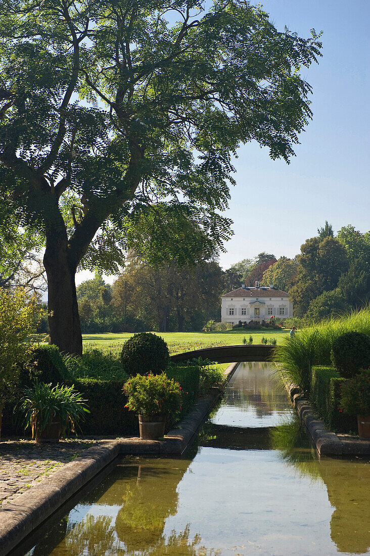 Water basin and house at Merian Park, Brueglingen, Basel, Switzerland, Europe