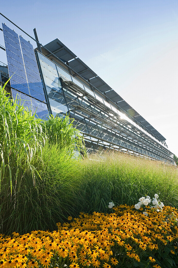 Fassade der Solarfabrik, erste Nullemissionsfabrik in Europa, Freiburg im Breisgau, Schwarzwald, Baden-Württemberg, Deutschland, Europa