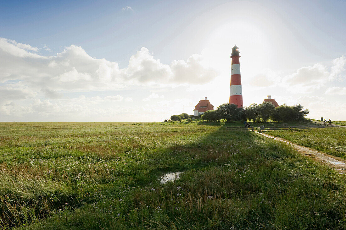 Leuchtturm Westerheversand im Gegenlicht, Westerhever, Halbinsel Eiderstedt, Nationalpark Schleswig-Holsteinisches Wattenmeer, Nordfriesland, Schleswig-Holstein, Deutschland, Europa