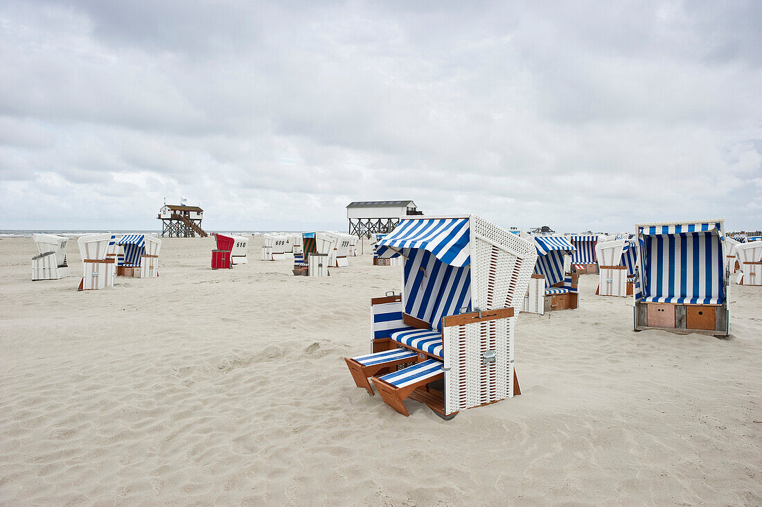 Strandkörbe am Strand von St Peter-Ording, Halbinsel Eiderstedt, Nationalpark Schleswig-Holsteinisches Wattenmeer, Nordfriesland, Schleswig-Holstein, Deutschland, Europa