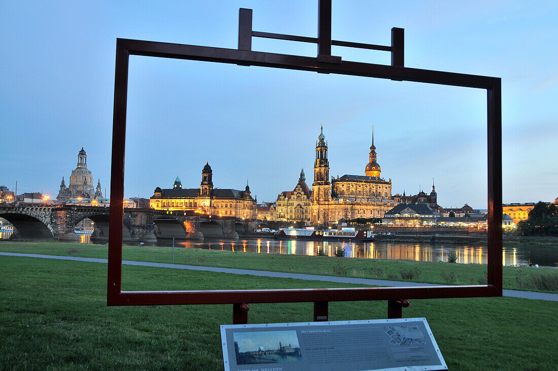 Canaletto view onto the old town at dusk, Dresden, Saxony, Germany, Europe