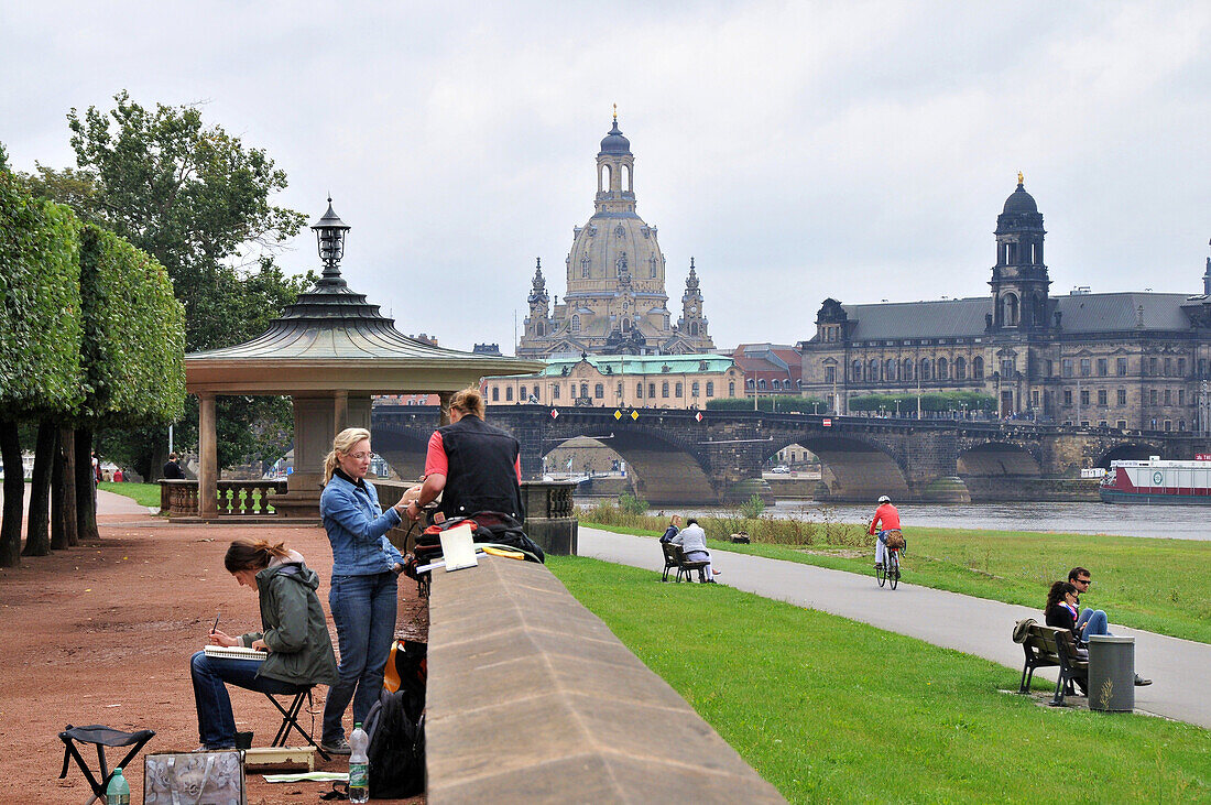 View from the Elbe riverbank onto the old town, Dresden, Saxony, Germany, Europe