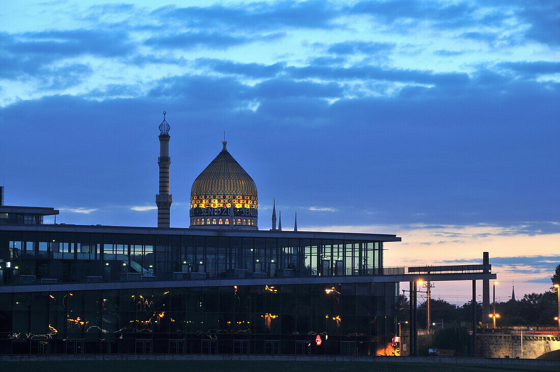 Yenidze mosque and congress hall at dusk, Dresden, Saxony, Germany, Europe