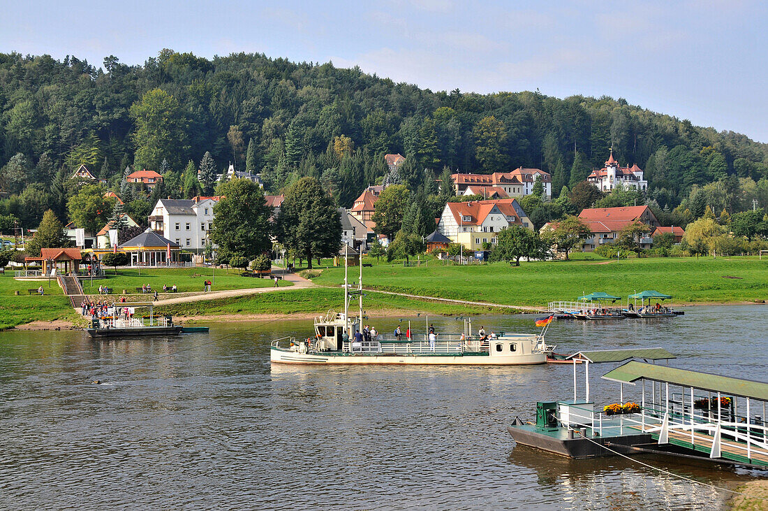 Ferry on the river Elbe near Rathen, Saxonien Switzerland, Saxony, Germany, Europe