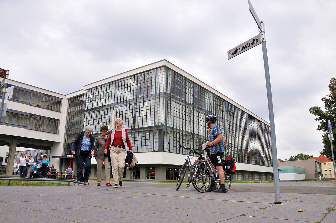 Main college building under clouded sky, Bauhaus, Dessau, Saxony-Anhalt, Germany, Europe