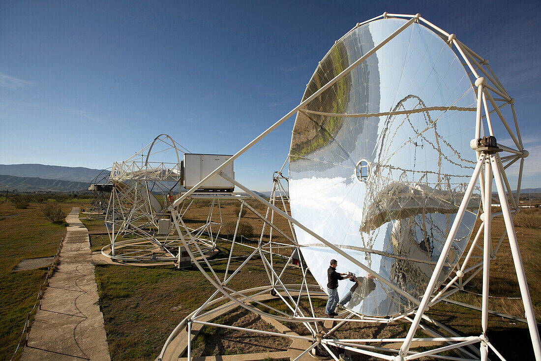 Dish Stirling reflector at PSA, Plataforma Solar de Almeria, center for the research of solar energy by the DLR, German Aerospace Center, Almeria, Andalusia, Spain