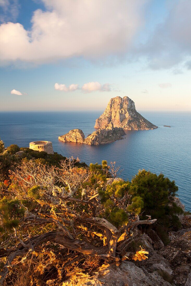 View of Es Vedrà and Es Vedranell islots from the watchtower of Torre des Savinar in the south of Ibiza, Sant Josep de Sa Talaia, Ibiza, Illes Balears, Spain