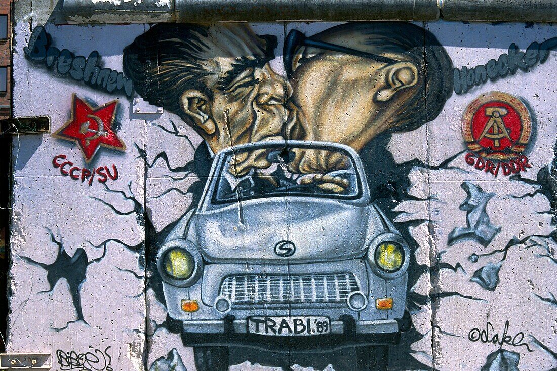Germany  Berlin  The East Side Gallery, caricature of Brezhnev & Honecker kissing  May 2001