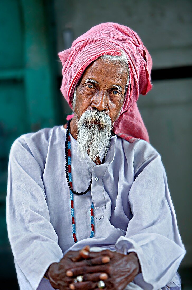 Senior holy man portrait, in holy lake,pushkar, Rajasthan, india