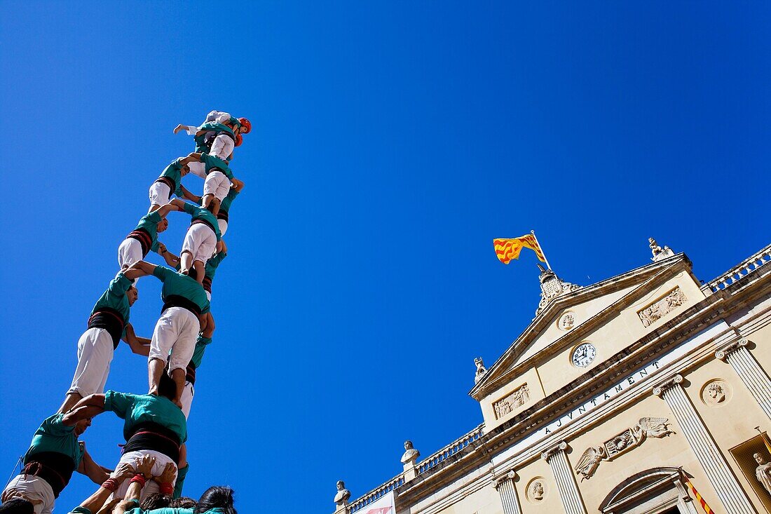 Castellers de Vilafranca ´Castellers´ building human tower, a Catalan tradition Festa de Santa Tecla, city festival  Plaça de la Font Tarragona, Spain