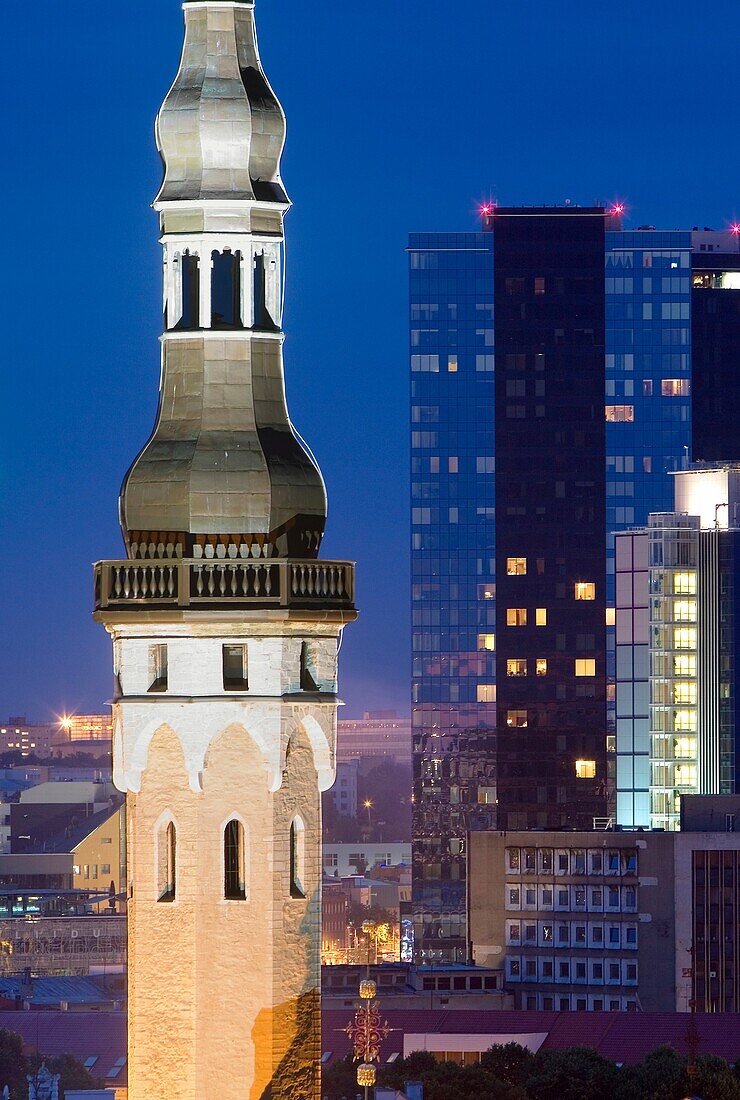 Town Hall Tower and modern city from viewing platform in Toompea district,Tallinn,Estonia