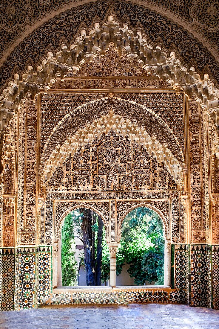 Daraxa or Lindaraja viewpoint,mirador de Daraxa o Lindáraja, in Ajimeces hall, Palace of the Lions, Nazaries palaces, Alhambra, Granada Andalusia, Spain
