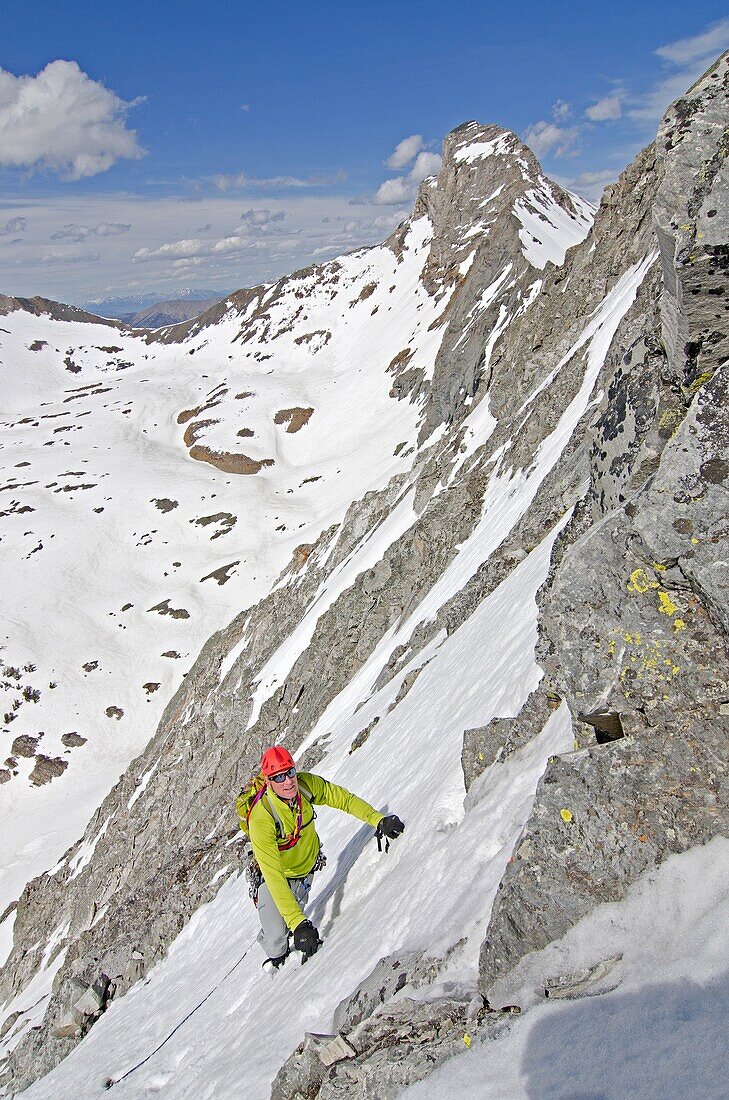 Mark Weber climbing the Vertical Perceptions Couloir on the North Face of Cobb Peak in the Pioneer Mountians of central Idaho