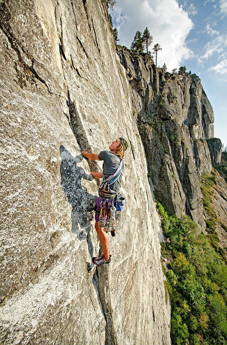 Nic Houser rock climbing a route called The Line which is rated 5,9 and located at Lovers Leap near Lake Tahoe in northern California