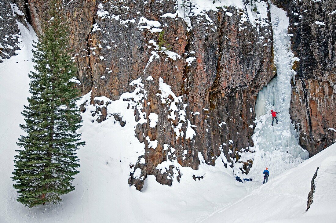 Mark Weber ice climbing a route called The Elevator Shaft which is rated WI-4 and located at the Unnamed Wall in Hyalite Canyon near the city of Bozeman in southern Montana