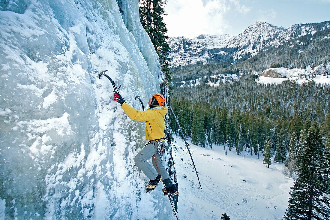 Elijah Weber ice climbing a route called Fat Chance which is rated WI-3 and located at the Mummy Cooler Area in Hyalite Canyon near the city of Bozeman in southern Montana
