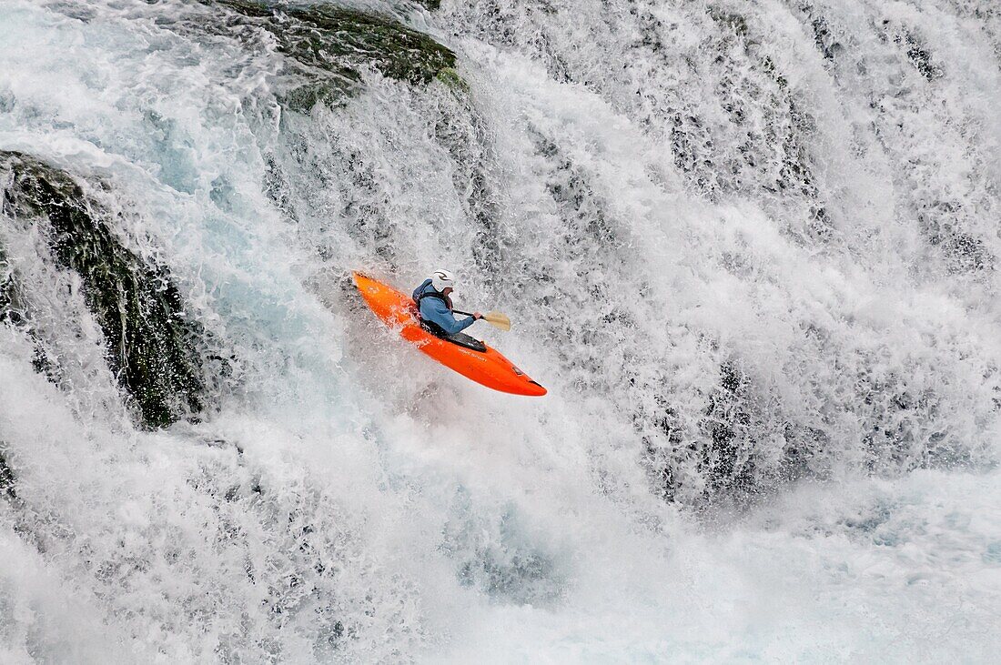 Mike Krupski kayaking the falls in Box Canyon which are rated Class 5 at Box Canyon State Park in southern Idaho