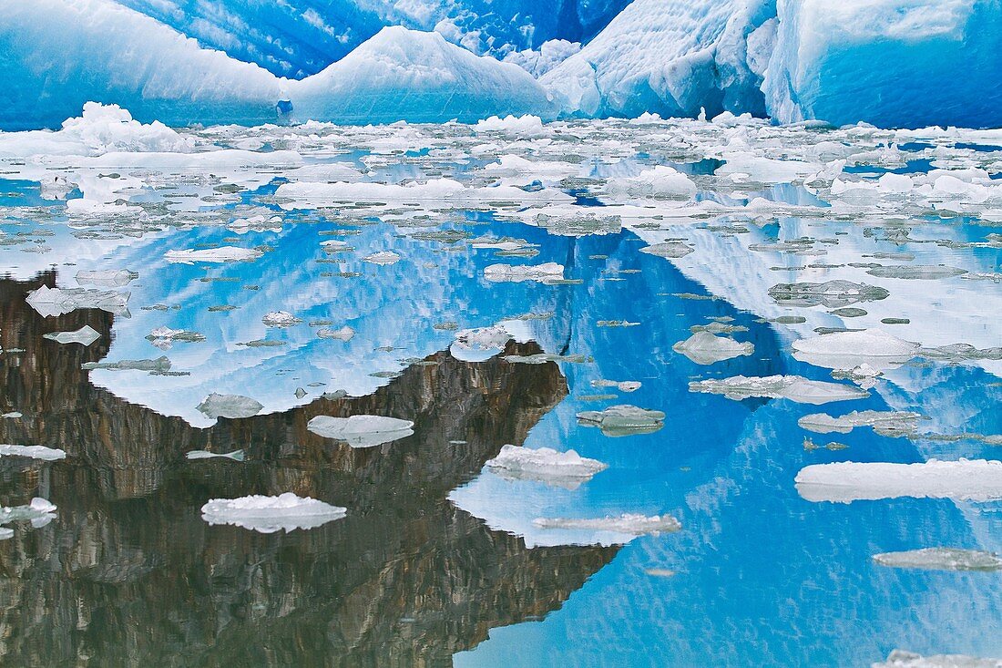 Glacial iceberg detail reflected in calm water from ice calved off the South Sawyer Glacier in Tracy Arm, Southeast Alaska, USA, Pacific Ocean