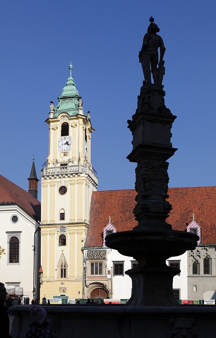 Roland Fountain and the Town Hall in the Old Town, Bratislava, Slovakia