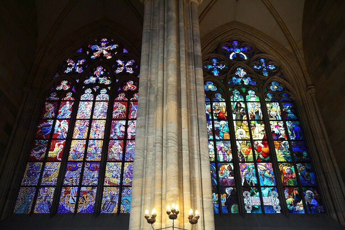 Stained glasses inside Saint Vitus Cathedral, Prague, Czech Republic