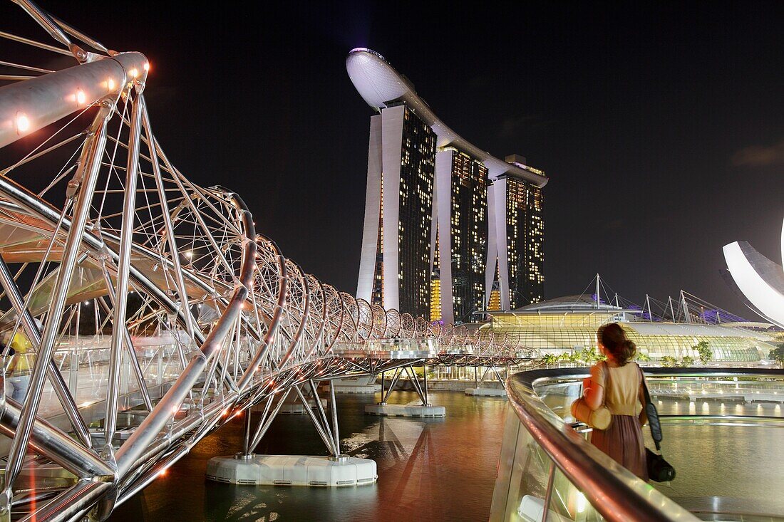 The Helix bridge and the Marina Bay Sand Hotel, Singapore