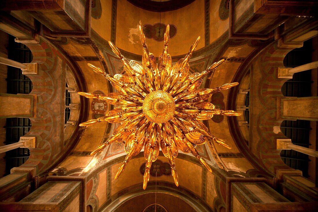 golden Chandelier and the ceiling inside the church Hagia Sophia in Thessaloniki, Macedonia, Greece