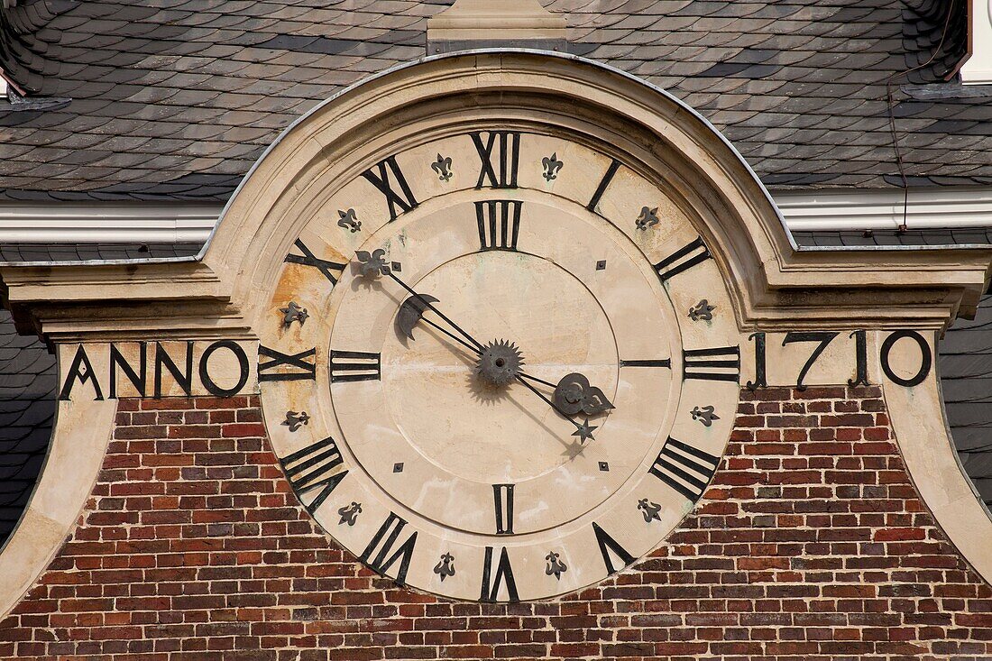 tower clock at Schloss Nordkirchen castle in the Muensterland region, North Rhine-Westphalia, Germany, Europe