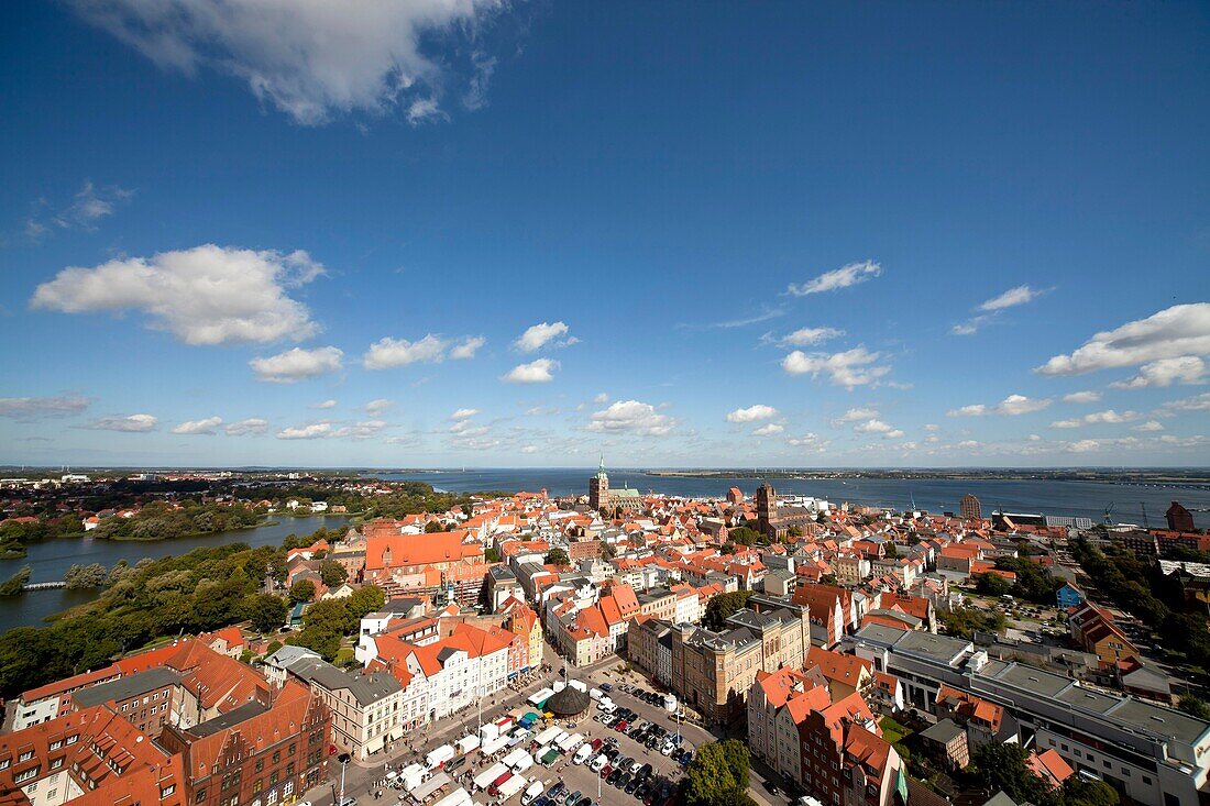 view over the historic centre of Stralsund and Ruegen island, Hanseatic City of Stralsund, Mecklenburg-Vorpommern, Germany