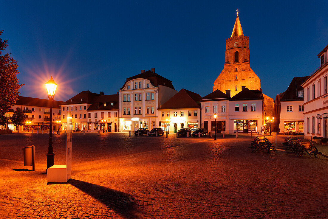 Market place and St. Mary's church at night, Beeskow, Land Brandenburg, Germany, Europe