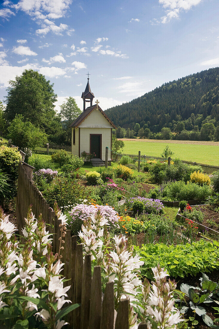 Chapel with cottage garden, Titisee, Black Forest, Baden-Wuerttemberg, Germany, Europe