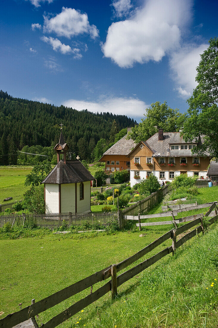 Traditional farmhouse with chapel and cottage garden, Titisee, Black Forest, Baden-Wuerttemberg, Germany, Europe