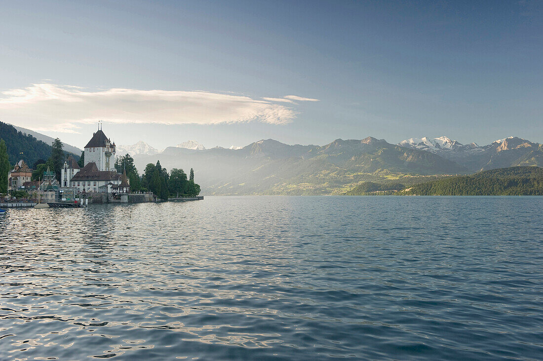 Blick auf Schloss Oberhofen, Oberhofen am Thuner See, Kanton Bern, Schweiz, Europa