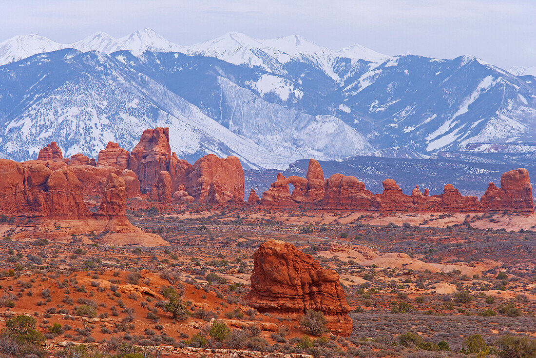 Arches National Park, Windows Section with Turret Arch und and the La Sal Mountains, Utah, USA, America