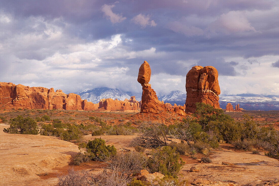 Arches National Park with Balanced Rock and the La Sal Mountains, Utah, USA, America