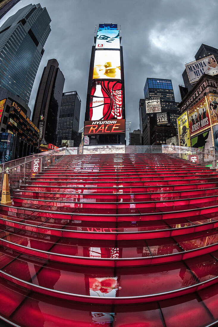 Times Square at twilight on a rainy day in New York