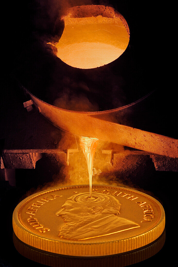 Gold pouring into gold coin, South Africa, Africa