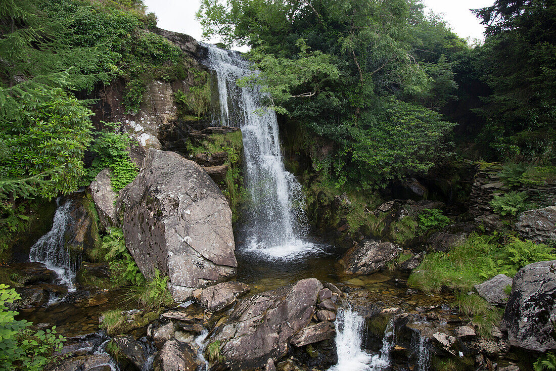 Blick auf Wasserfall von der Ffestiniog Narrow Gauge Heritage Railway Schmalspureisenbahn, nahe Coed-y-Bleiddiau, Gwynedd, Wales, Großbritannien, Europa
