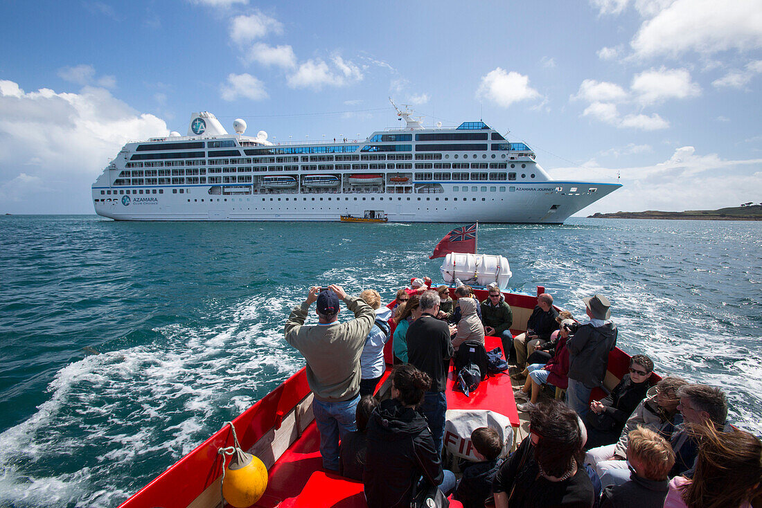 Local tender boat transfer for guests of cruise ship Azamara Journey, Azamara Club Cruises, Near Tresco, Isles of Scilly, Cornwall, England