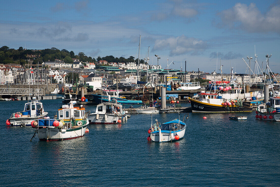 Fishing boats in harbor, St Peter Port, Guernsey, Channel Islands, England, British Crown Dependencies