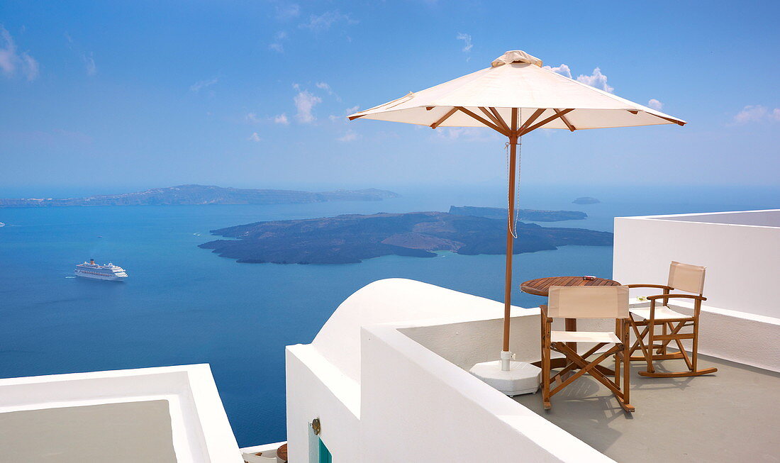 View over sea from Fira, Santorini Island, Cyclades, Greece