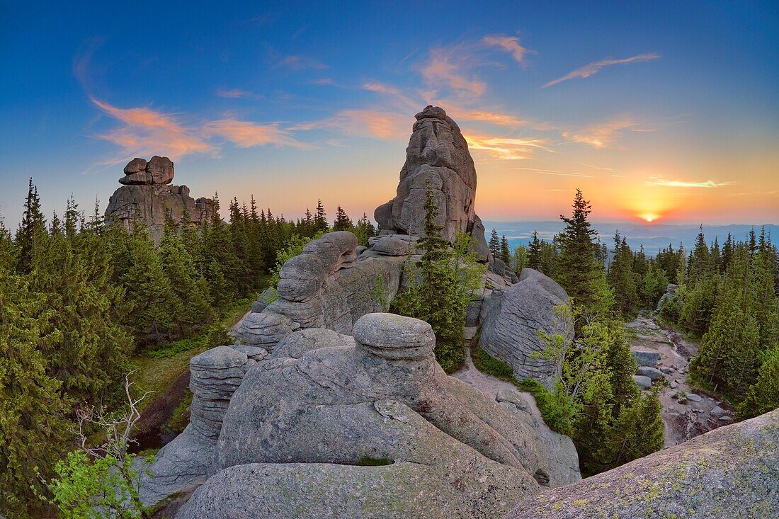 Rock formations in Karkonosze National Park, sunrise, Poland, Europe