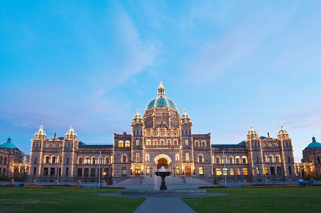 Lights illuminate parliment building, Victoria, Vancouver Island, British Columbia, Canada