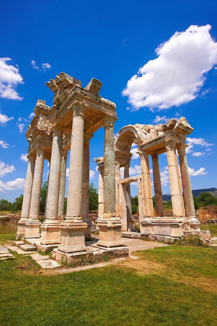 Picture of the double Tetrapylon Gate 2, Aphrodisias, Turkey  A tetrapylon Greek: etp, ´four gates´ is an ancient type of Roman monument of cubic shape, with a gate on each of the four sides: generally it was built on a crossroads  stock photos & photo ar