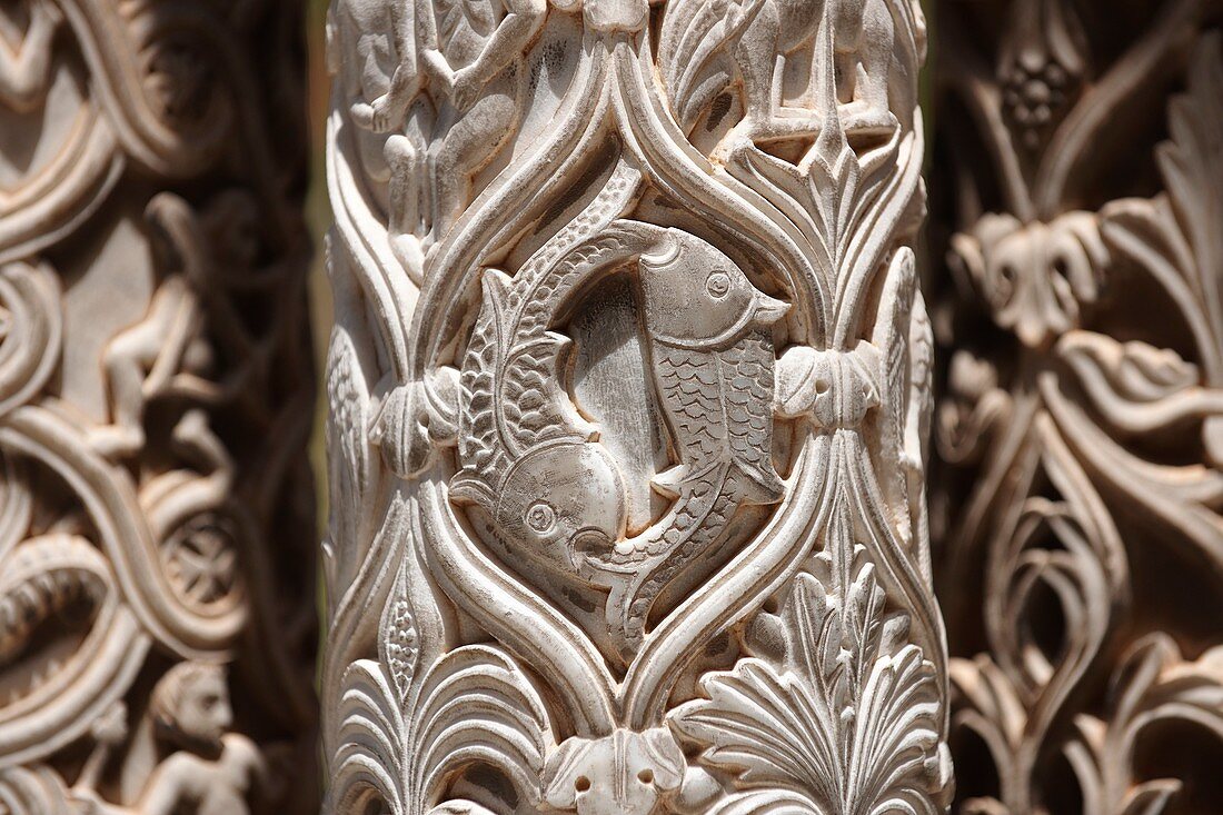 Sculpted Christian fish symbols in the columns of the cloisters of Monreale Cathedral - Palermo - Sicily